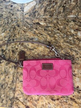 Coach Pink Signature Canvas Wristlet with Brown Leather Trim